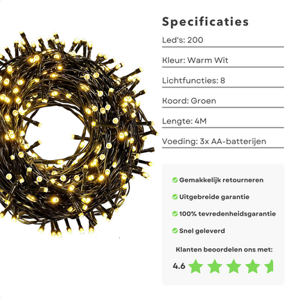 Cheqo® Kerstverlichting - Kerstboomverlichting - Kerstlampjes - 200 LED - 4M - Voor Binnen en Buiten - Timer - 8 Lichtfuncties - Op Batterijen - Warm Wit - Clusterverlichting - Sfeerverlichting - Feestverlichting Kerstboomverlichting