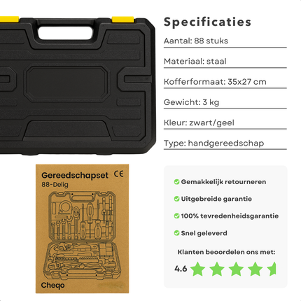 Cheqo® 88-Delige Gereedschapset - Gereedschapskoffer - Handgereedschap Set - Complete Gereedschapsset - Klauwhamer - Schroevendraaiers - Tangen - Imbussleutels - Precisie Schroevendraaiers - Steek-Ringsleutels - Dopsleutels - Bits