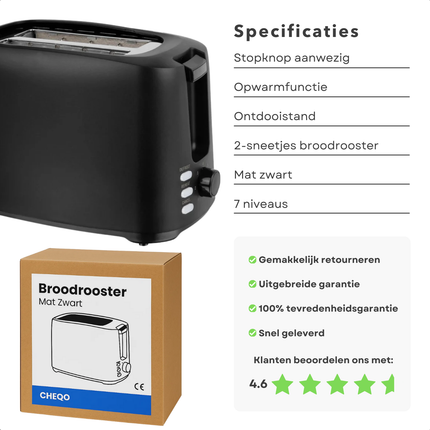 Cheqo® Compacte Broodrooster – Toaster – Brood Rooster – 7 Niveaus – Stopknop – Opwarmfunctie – Ontdooistand – Indicatielampje – Automatische Uitwerp – Kruimellade – Anti-Slip Voetjes - Broodtoaster - Brood Toasten