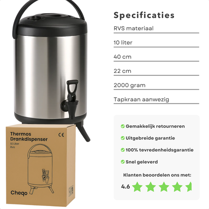 Cheqo® Thermos Drankdispenser - 10 Liter Inhoud - RVS Materiaal - Dubbelwandig Isolerend - Warme En Koude Dranken - Tapkraan - Opklapbare Pootjes - 40 cm Hoogte - 22 cm Diameter - Thermoskan - Drank Serveren