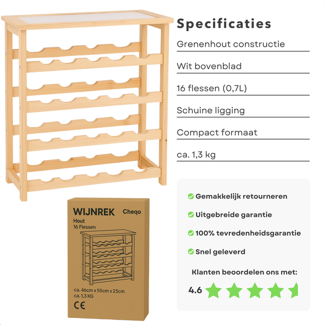 Cheqo® Luxe Houten Wijnrek - Wijn Rek Hout - Wijnflesrek - Flessenrek voor 16 Flessen - Compact Design - Grenen Hout