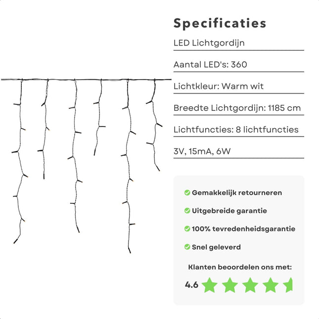Cheqo® IJspegel Verlichting - 360 LED's - 12m - Warm Wit - 8 Lichtfuncties - Binnen & Buiten - Lichtgordijn - Kerstverlichting - Sfeerverlichting - Ijspegelverlichting - LED Gordijn - lichtgordijnen