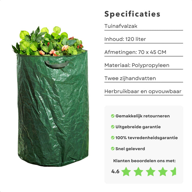 Cheqo® Tuinafvalzak - Opvouwbaar - 120 Liter Capaciteit - 70 x 45 cm - Tuinafvalzak opvouwbaar - Tuinzak - Tuinafval - Bladzakken - Groenafval zak - Waterafstotend - Voor Tuinonderhoud - Extra Stevig - Staande Tuinafvalzak - Met Handvatten tuinafvalzakken