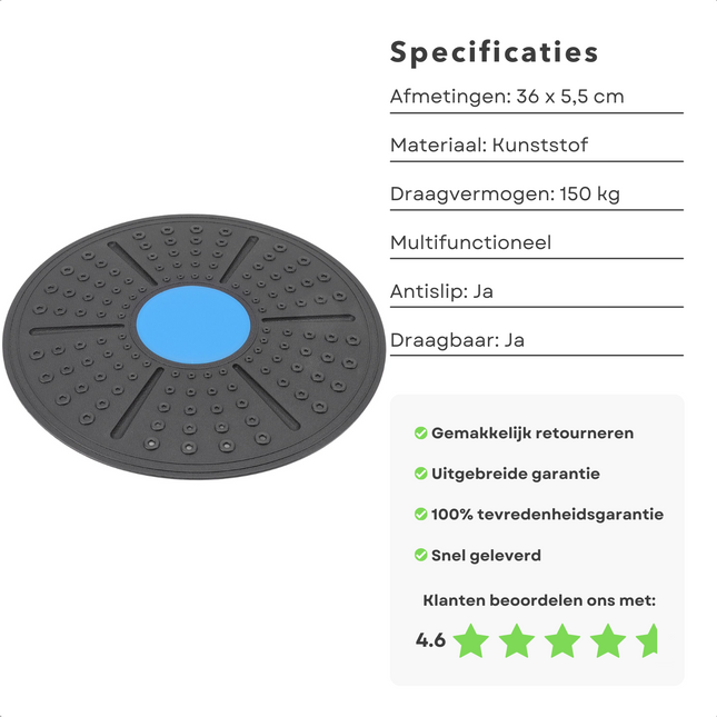 Cheqo® Fitness Balansbord - Stabiliteitstraining en Evenwichtstrainer -  Fysio en Revalidatie - Balanstrainer - Diameter 36 cm - Wiebelkussen - Wiebelbord - Balance Board - Balansbal - Balanskussen - Anti-Slip - Yoga - Fitness - Pilates Wiebelkussens