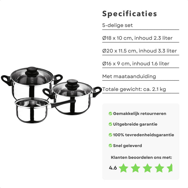 Cheqo® Kookpannenset - 5-Delig - met Maataanduiding - Geschikt voor alle Warmtebronnen - Inductie - Kookpan - Steelpan - Glazen Deksel - Voor Studenten en Starters - RVS - Kamperen - Lange Levensduur Kookpannen