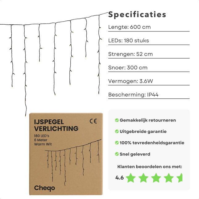Cheqo® Ijspegel Verlichting - LED Ijspegel - Warm Wit Licht - 180 LED Lampjes - 6 Meter Lang - Lichtgordijn - Binnen En Buiten - IP44 Adapter - Kerstverlichting - Energiezuinig - Decoratieve Verlichting - Raamdecoratie - Muurdecoratie