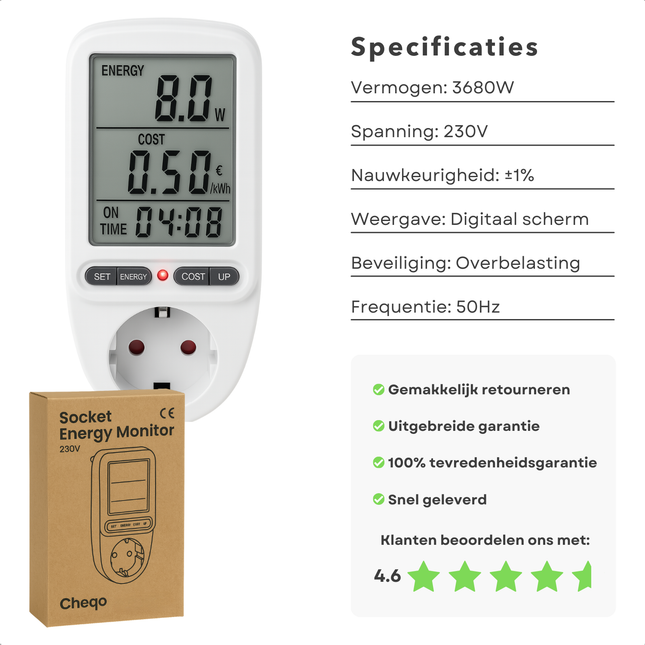 Cheqo® Energiekosten Meter voor Standaard Stopcontact – Energie Verbruiksmeter met Duidelijk Display – kWh Meter tot 3680W – Nauwkeurige Stroomverbruik Meter – Overbelastingsbeveiliging – Energie Besparen – Energiemeter