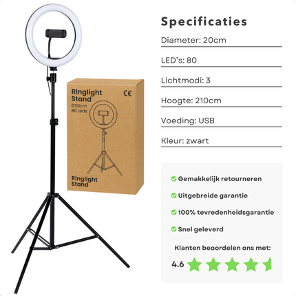 Cheqo® Ringlamp Met Statief - Selfie Ringlight - 20 cm Diameter - 80 LEDs - Verstelbaar Statief - 210 cm Hoogte - Drie Lichtmodi - 360° Draaibare Telefoonhouder - USB Voeding - Dimbare Verlichting - TikTok En YouTube - Contentmakers