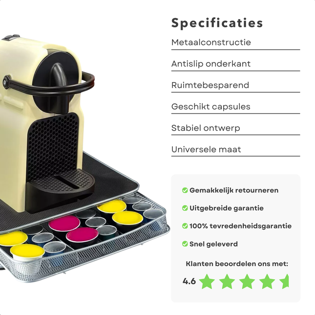 Cheqo® Capsulehouder voor Nespresso Capsules - Koffiecups Houder - Koffiecuphouder Metaal - Antislip Standaard - Zwart/Zilver
