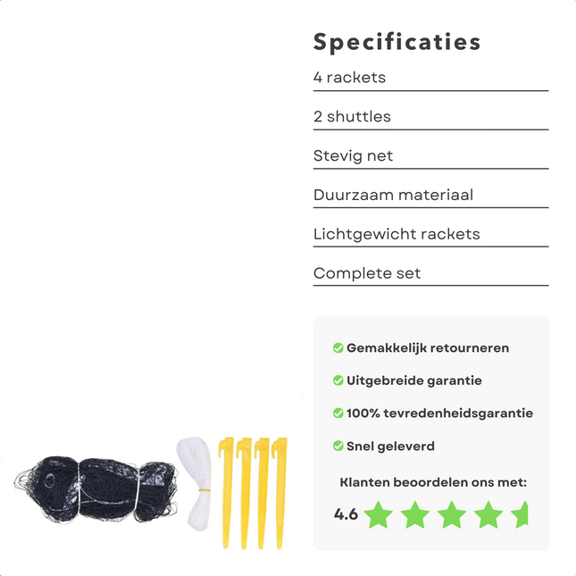 Cheqo® Badminton Set voor Buiten - Compleet met Net en Rackets - Shuttles - Badminton Net - Badmintonnen