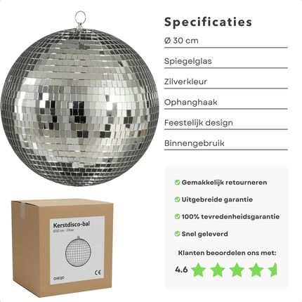 Cheqo® Kerst Discobal - Spiegelbol 30 CM - Zilver Spiegelglas - Disco Bal Zilver - Eenvoudig Op Te Hangen - Kerstversiering - Feestdagen Decoratie - Discobal Ornament - Spiegelglas Discobal - Kerstdecoratie