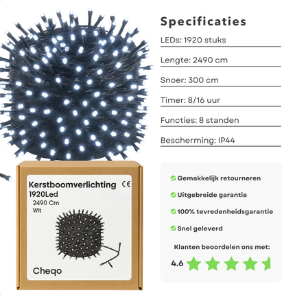 Cheqo® Kerstverlichting - Kerstlampjes - Kerstboomverlichting Wit - 1920 LED Lampjes - Koel Wit Licht - 25 Meter Lengte - Binnen en Buiten - IP44 Adapter - 8 Lichtfuncties - Automatische Timer - Geheugenfunctie - Cluster Kerstverlichting