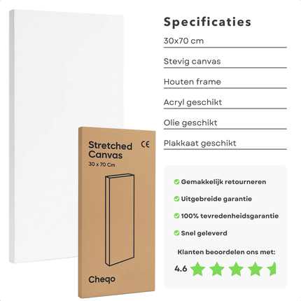 Cheqo® Stretched Canvas - Canvas Schildersdoek - 30x70 cm - Schilderen Op Canvas - Kunst Schildersdoek - Olieverf Geschikt - Acrylverf Canvas - Plakkaatverf Doek - Langwerpig Schilderdoek - Hobby Schilderen - Schilderdoek Voor Kunstenaars