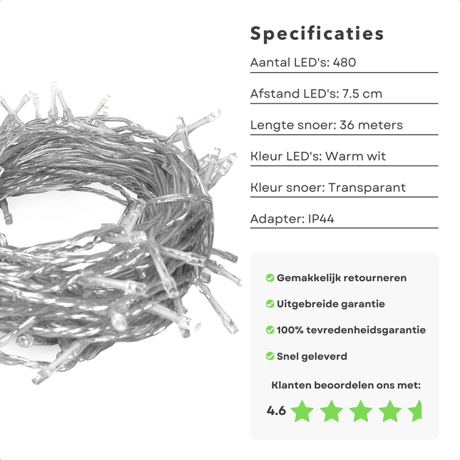 Warm white LED string lights with 480 LEDs, transparent cord, suitable for indoor/outdoor use, 36 meters long with IP44 adapter.