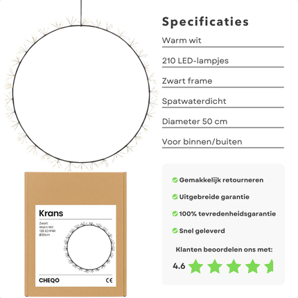 Cheqo® Verlichte Kerstkrans - Warm Witte LED - Spatwaterdicht - Buiten Te Gebruiken - Metalen Frame - 210 LED Lampjes - Zwarte Kleur Krans - Diameter 50 CM - Kerstdecoratie - Sfeerverlichting - IP44 - Deurkrans - Binnen En Buiten