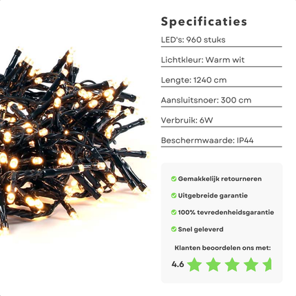 Cheqo® Kerstlampjes - Kerstverlichting - Kerstboomverlichting LED - Warm Wit - 960 LED's - 1240 cm - Timerfunctie