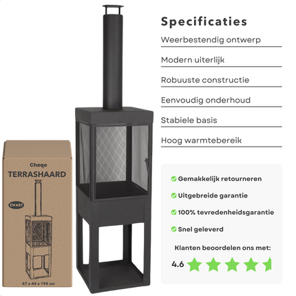 Cheqo® Terrashaard Metaal - Buitenhaard met Schoorsteen - Terrashaard - Terraskachel Modern Design - Vuurkorf Tuinhaard - Houtkachel - 195cm