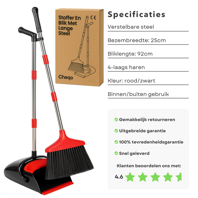 Cheqo® Stoffer en Blik met Lange Steel- Verstelbaar tot 145 cm - Bezem voor Binnen en Buiten - Zwart en Rood