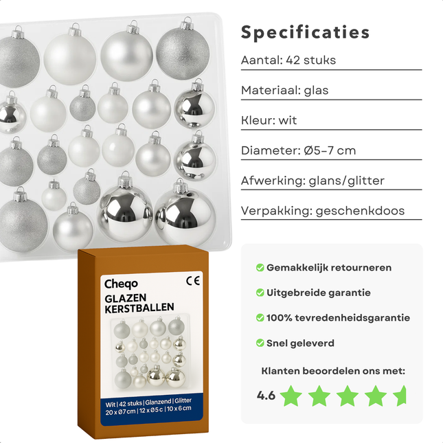 Cheqo® Kerstballen Set - Glazen Kerstballen - Kerstbal Wit - Witte Kerstballen - Kerstboom Decoratie - Glimmende Kerstballen - Glitter Kerstballen - Moderne Kerstdecoratie - Kerstballen Set 42 Stuks