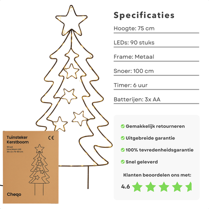 Cheqo® Tuinsteker Kerstboom - 90 LED Lampjes - Extra Warm Wit - Metalen Grondpennen - Werkt Op Batterijen - Automatische Timer - Binnen En Buiten - IP44 Beschermwaarde - Kerst Tuinversiering - Decoratieve Kerstboom - Zwarte Metalen Frame