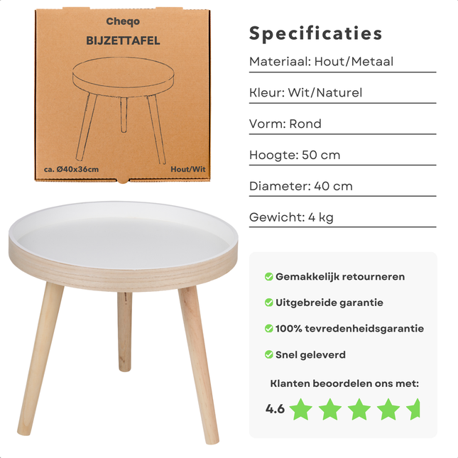Cheqo® Ronde Bijzettafel Wit - Nachtkastje - Rond Tafeltje - Bijzet Tafel - Salontafel - Modern Design - Hout - Stijlvol en Functioneel