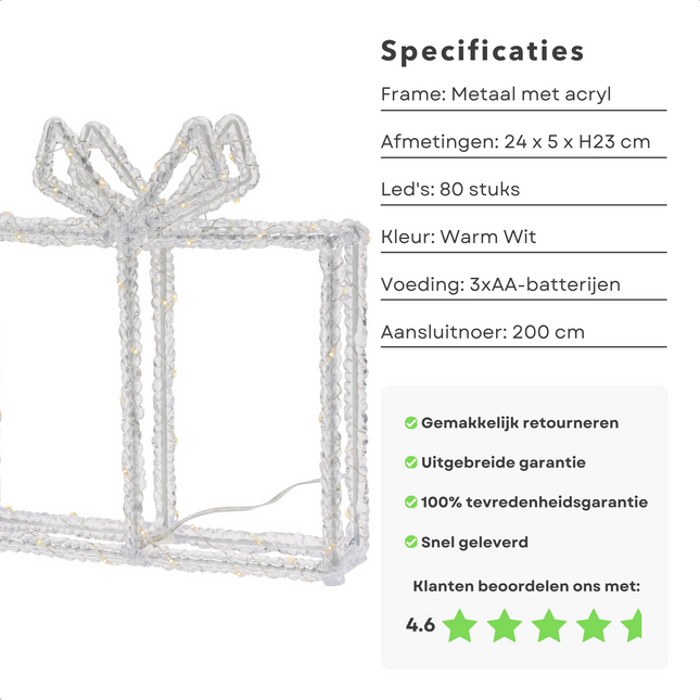 Cheqo® Kerstverlichting Kado - Cadeau - Sfeerverlichting - Kerstversiering - Timerfunctie - Op Batterijen - 80 LED - 23 cm Hoog - Metalen Frame - Acryl - Sfeerverlichting - Voor Binnen en Buiten - Kerstfiguur - Gift Verlichte Kerstfiguren