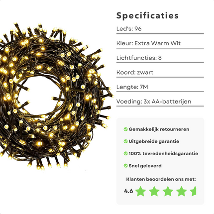 Cheqo® Kerstverlichting - Kerstboomverlichting - Kerstlampjes - 97 LED - 7M - Voor Binnen en Buiten - Timer - Veelkleurig - 8 Lichtfuncties - Op Batterijen - Extra Warm Wit - Gekleurde Kerstverlichting - Sfeerverlichting - Feestverlichting Kerstboomverlichting