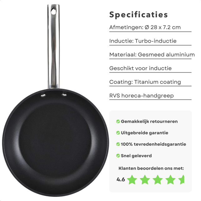 Cheqo Professionele Wokpan met titanium coating, gesmeed aluminium, RVS handgreep, geschikt voor inductie, 28x7.2 cm diameter.