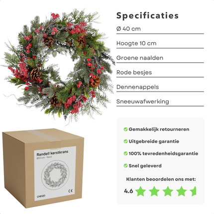 Cheqo® Kerstkrans Ø40 CM - Traditionele Kerstkleuren - Rode Besjes - Bruine Dennenappels - Licht Besneeuwd - Groene Dennennaaldjes - Kerstdecoratie Interieur - Eenvoudig Ophangen - Subtiele Witte Afwerking - Kerstversiering - Deurkrans