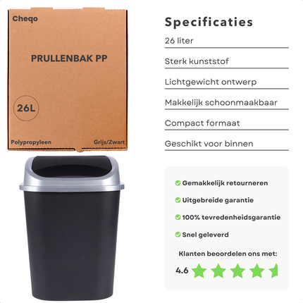 Cheqo® Prullenbak - Afvalbak - Vuilnisbak - Afvalemmer - Kunststof - Ideaal voor Kantoor en Thuis - Met Deksel - Zwart