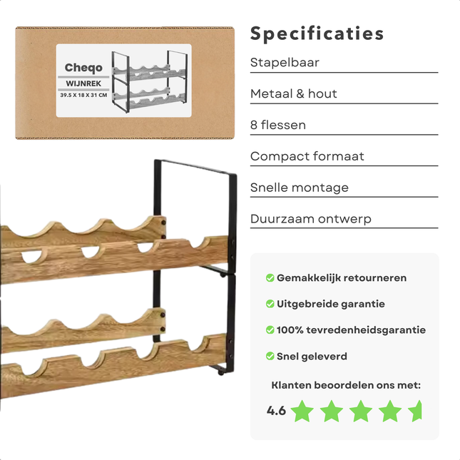 Cheqo® Wijnrek Metaal Hout - Flessenrek - Stapelbaar - Voor 8 Flessen - Paulownia Hout - Wijnflesrek - Wijnflessen Rek