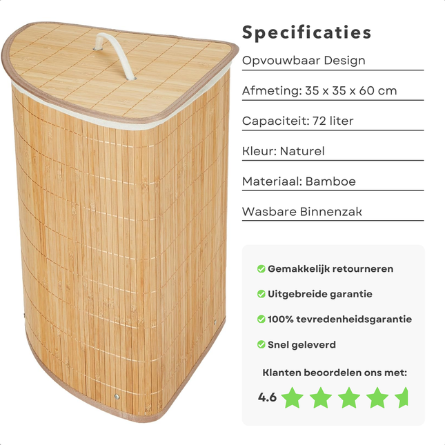 Cheqo® Bamboe Wasmand Hoekmodel - Wassorteerder met Waszak - 72L Opvouwbaar - Naturel met Deksel