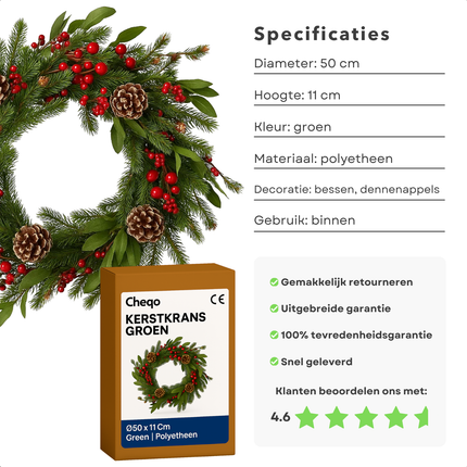 Cheqo® Kerstkrans Groen - Ø50 cm - Traditionele Kerstdecoratie - Rode Bessen - Bruine Dennenappels - Polyetheen Materiaal - Klassieke Kerstkleuren - Eenvoudige Ophanging - Kerstinterieur - Groene Dennentakken - Deurkrans