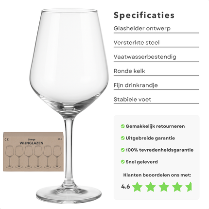 Cheqo® Witte Wijnglazen Set - Wijnglas Set - 37cl - Kristalglas - Perfect voor Witte Wijn - 6 Stuks