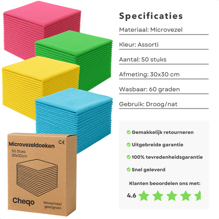Cheqo® Microvezeldoeken 30x30 cm - Schoonmaakdoekjes - Wasbaar Op 60 Graden - Zonder Reinigingsmiddel - Nat Of Droog Te Gebruiken - Verschillende Kleuren - Set Van 50 Stuks Microvezel Doeken