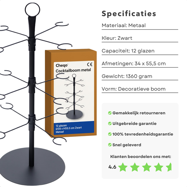 Cheqo® Cocktailboom - Etagere Voor Glazen - Cocktail Standaard - Geschikt Voor 12 Glazen - Metaal Zwart - Cocktailglazen Houder - Decoratieve Etagere - Cocktail Toren - Thuisbar - Feest Decoratie - Cocktail Boom - Martinitoren