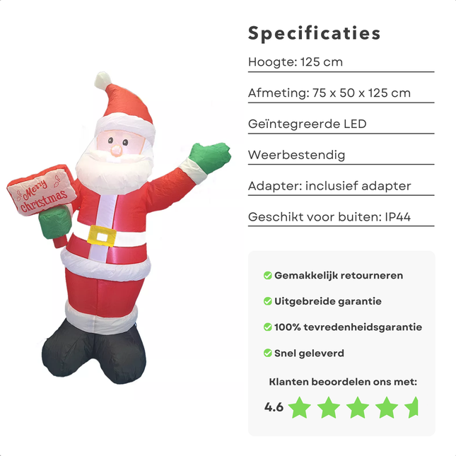 Cheqo® Opblaasbare Kerstman 125cm - Opblaas Kerstman - Kerstdecoratie met LED Verlichting - Waterdicht - Voor Buiten