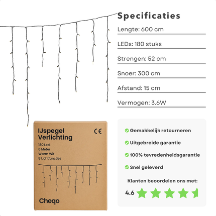 Cheqo® Ijspegel Verlichting - Lichtgordijn - Kerstverlichting Buiten - Kerstverlichting Binnen - 180 LED - Warm Wit - 6 Meter - 8 Lichtfuncties - IP44 Adapter - Geschikt Voor Buiten - Groen Snoer - 3 Meter Aansluitsnoer - LED Lampjes