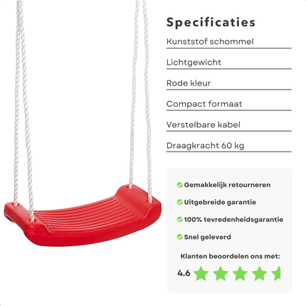 Cheqo® Kunststof Schommel Set - Schommel Plank - Schommelplankje - Schommelplank - Schommelzitje - Verstelbaar tot 180 cm - Rode Schommel voor Kinderen - Draagkracht 60 kg
