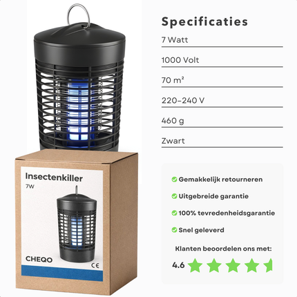 Cheqo® Vliegenlamp - Insectenlamp - Insectendoder - Insectenkiller - Elektrische Vliegenlamp - Elektrische Insectendoder - Muggenlamp - Muggenvanger - Vliegenvanger - Elektrische Vliegenvanger - UV Vliegenlamp