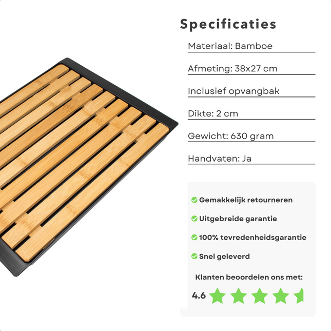 Cheqo® Bamboe Snijplank Met Opvangbak en Handige Lade - 38x27cm - Broodsnijplank met Opvangbak - Kruimelvanger - Broodplank