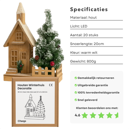 Cheqo® Verlicht Kersthuisje - Kersthuis met LED Verlichting - Warm Wit - Werkt Op Batterijen - Houten Kersthuis - Kerstdecoratie - Kersthuisjes En Kerstdorpen - Aanloopsnoer - Kerstornament Kerstdorp - Sfeerverlichting - Winterdecoratie