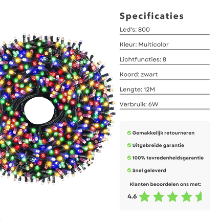 Cheqo® Kerstverlichting - Kerstboomverlichting - Kerstlampjes - 800 LED - 12M - Voor Binnen en Buiten - Timer - 8 Lichtfuncties - Lang Snoer - Multicolor - Clusterverlichting - Sfeerverlichting - Feestverlichting - Veelkleurig Kerstboomverlichting