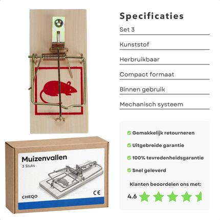 Cheqo® Muizenval - Muizenvallen - Muizenklem - Muizenklemmen - Muizenval Binnen - Muizenval Buiten - Muizenvallen Binnen - Muizenvallen Buiten - Muizen Bestrijden - Mouse Trap - Muizenval Set - Muizenvallen Set
