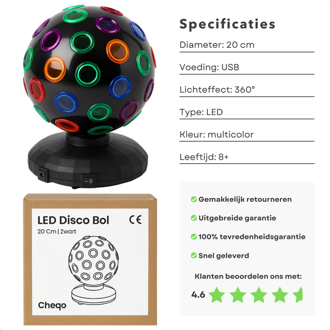 Cheqo® LED Disco Bal - Disco Bal - Feestverlichting - Disco Licht - Party Light - Gekleurde Lichteffecten - Voor Kinderen En Volwassenen - Eenvoudig In Gebruik - Compacte Formaat - Levendige Dansvloer - Urenlang Plezier