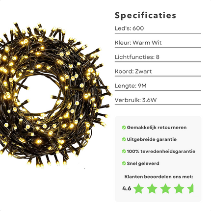 Cheqo® Kerstverlichting - Kerstboomverlichting - Kerstlampjes - 600 LED - 9M - Voor Binnen en Buiten - Timer - 8 Lichtfuncties - Lang Snoer - Warm Wit - Clusterverlichting - Sfeerverlichting - Feestverlichting Kerstboomverlichting