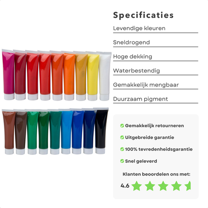 Cheqo® Acrylverf Set 18 Kleuren - Acryl Verf Set - 36 ml Tubes - Professionele Kunstverf voor Kunstenaars