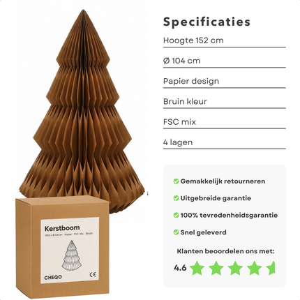 Cheqo® Decoratieve Kerstboom - Papieren Kerstboom - Bruine Kerstboom - Kerstboom Design - Unieke Kerstdecoratie - Vouwbare Kerstboom - Milieuvriendelijke Kerstboom - Kerstboom Voor Binnen - Stijlvolle Kerstdecoratie