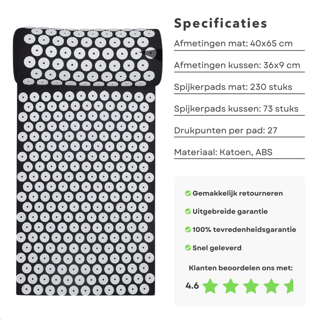 Cheqo® Acupressuur Mat en Kussen Set - Shakti Mat - Acupressuurmat met Kussen - Spijkermat - Ontspanning en Rugpijnverlichting - Katoen - Zwart/Wit