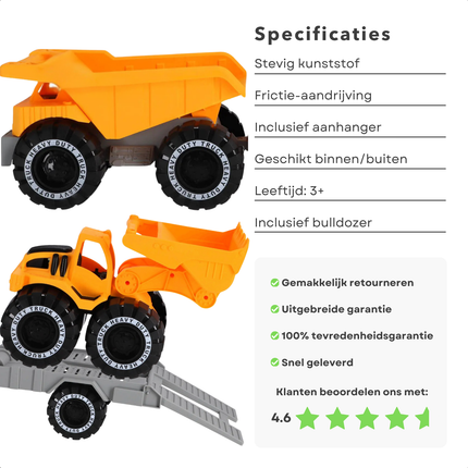 Cheqo® Bouwvoertuigen Speelgoed Set - Kiepwagen - Aanhanger - Bulldozer Speelgoed Voor Binnen en Buiten - Stevig Kunststof